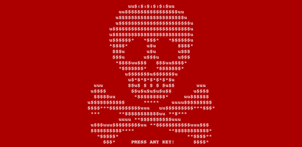 a skull and crossbones made out of hacker code