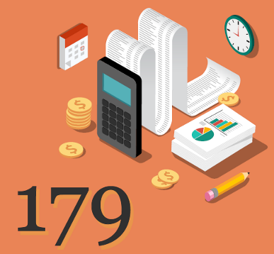 cartoon image of a calculator and tax doucments and the number 179